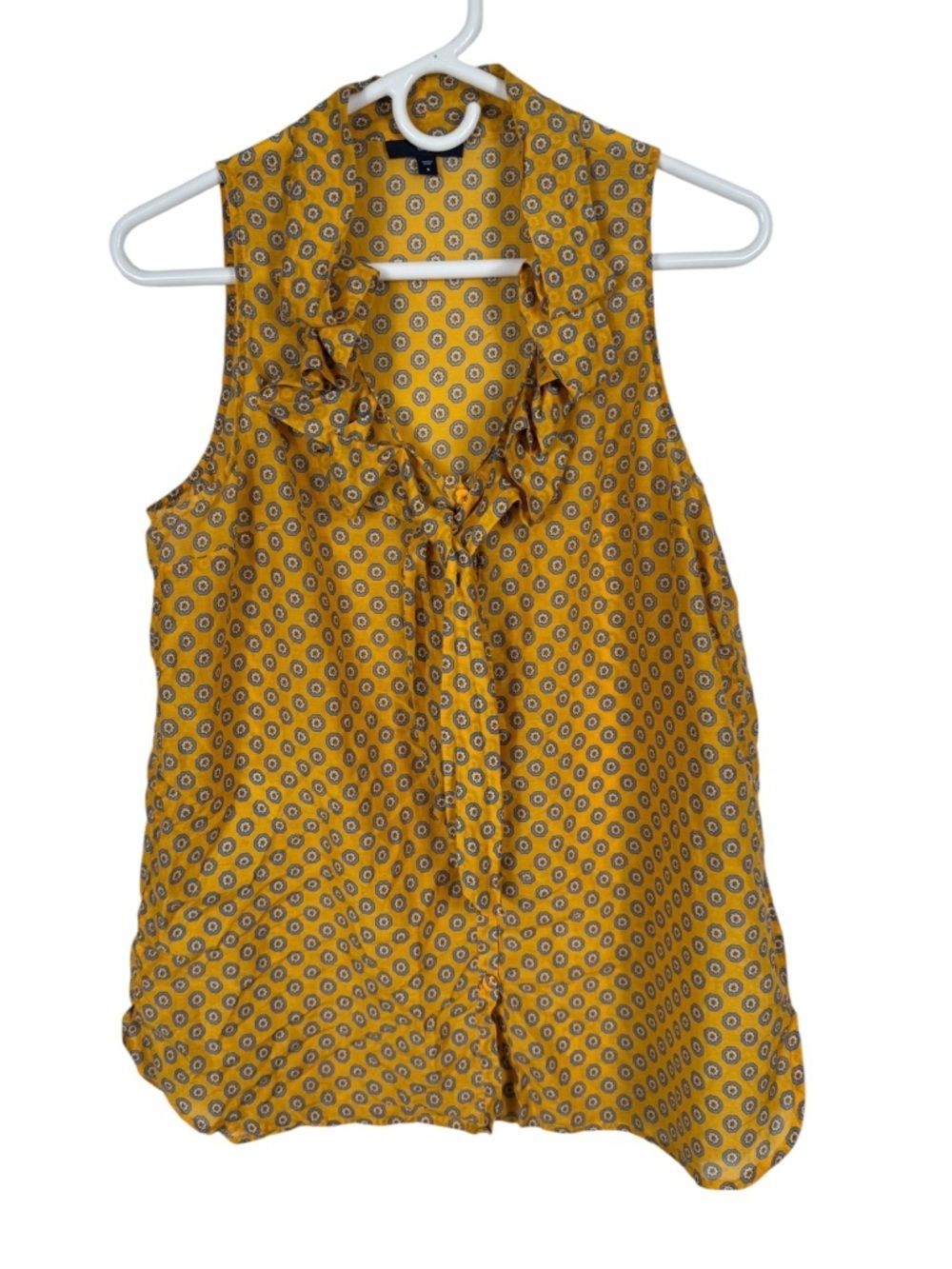 Gap Yellow Floral Ruffle Tie Neck Silk & Cotton Blouse, Size S